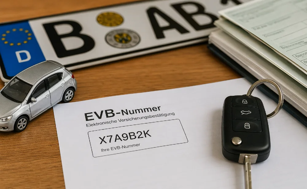 Die EVB-Nummer auf einem Schreibtisch, mit Auto, Nummernschild und Schlüssel
