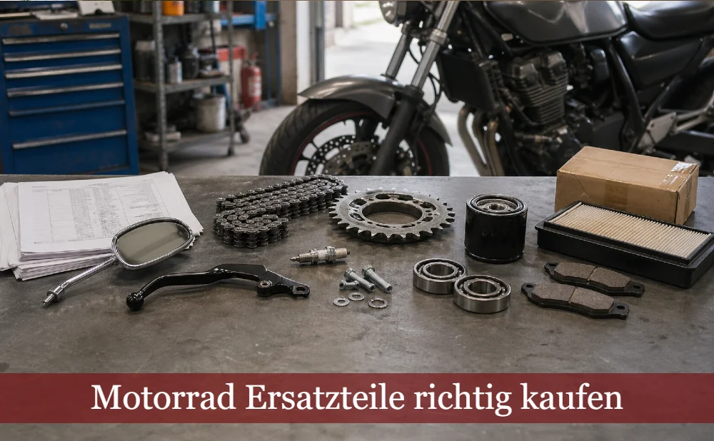 Werkstatt mit Werkbank, auf der Motorrad-Ersatzteile liegen