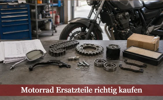Werkstatt mit Werkbank, auf der Motorrad-Ersatzteile liegen